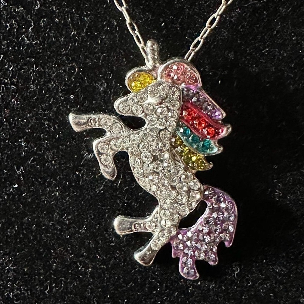 Vintage rainbow rhinestone unicorn necklace.